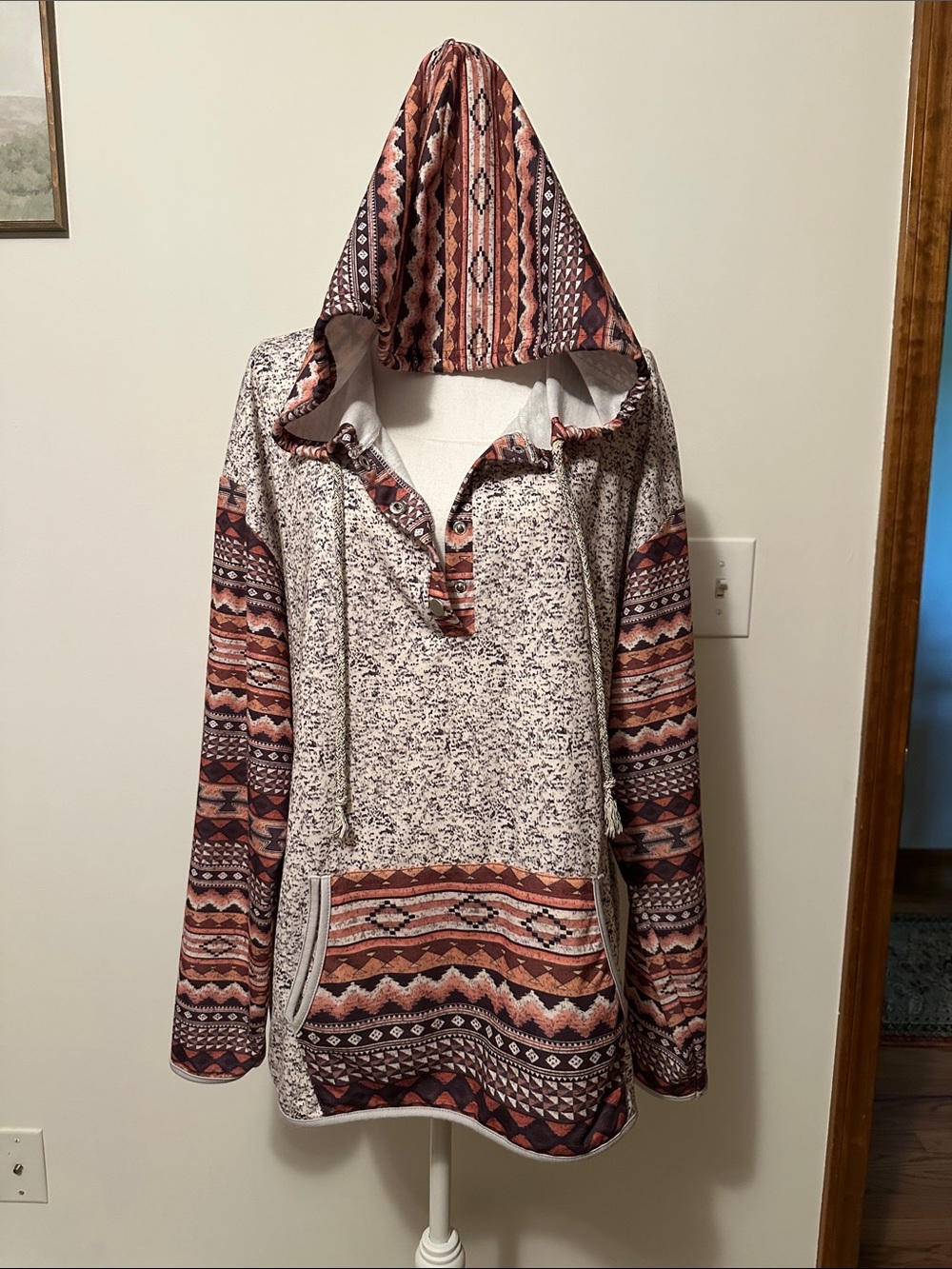 Women's Aztec Print Hooded Pullover Sweatshirt - Rust XXL fits like XL